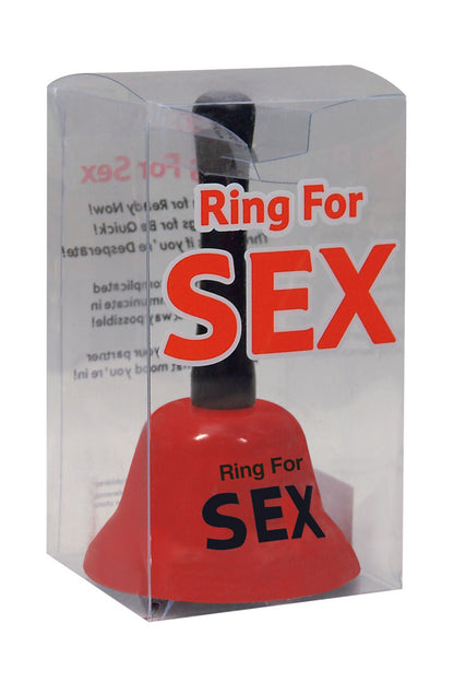 La cloche à main avec écrit : ring for sex traduction : sonner pour du sexe dans sa boite 