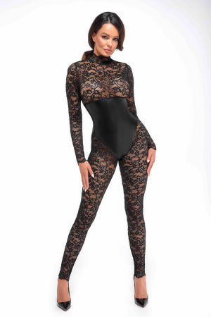 Combinaison corset Enigma dentelle et wetlook · Noir Handmade · vue 4