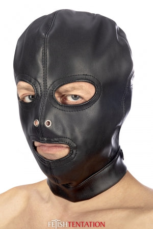 Cagoule BDSM 3 ouvertures en simili cuir · Fetish Tentation · vue 4