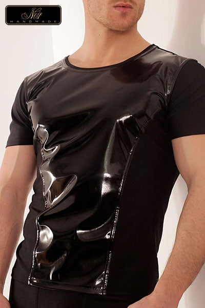 T-shirt lycra et vinyle brillant Vlady Noir Handmade porté , grande taille disponible