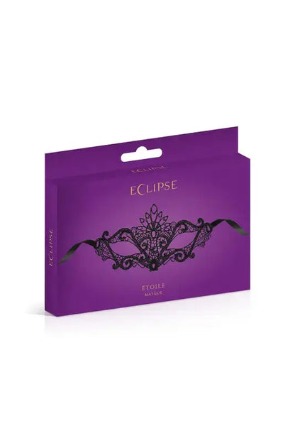 Masque sexy Loup Étoile en dentelle noire packagé dans une boîte élégante pour soirées coquines.