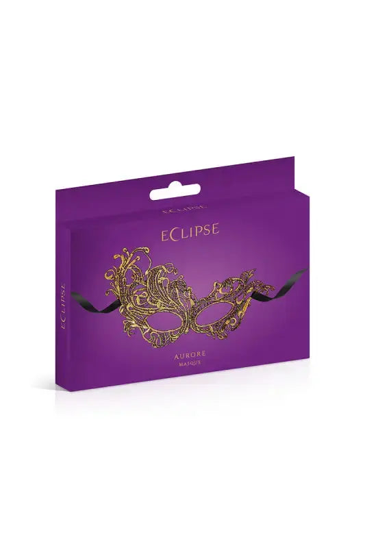 Masque sexy doré de la marque mascarade dans sa boite violette dispo chez LollyDoll