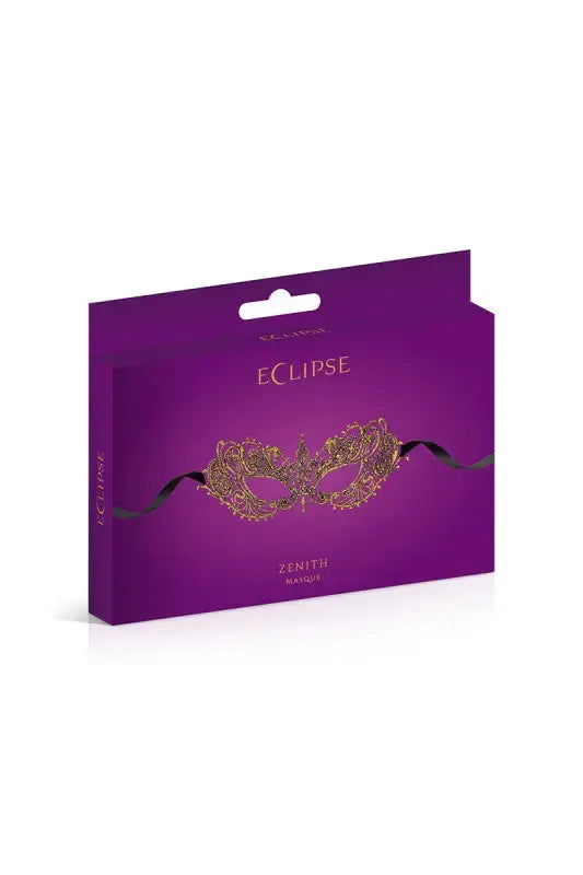 Masque sexy Loup doré Zenith de Maskarade présenté dans un emballage violet élégant.