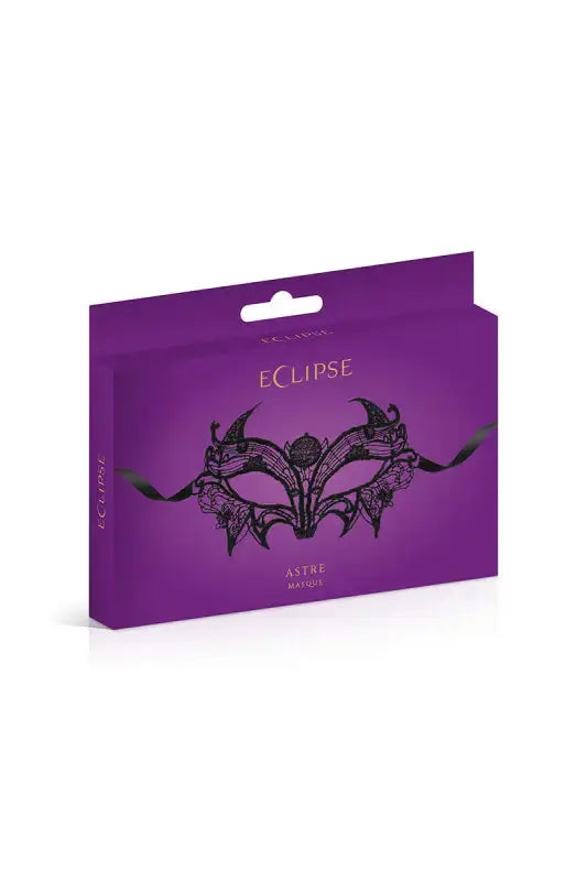 Masque sexy Loup noir Astre en emballage violet élégant pour soirées spéciales et déguisements sexy.