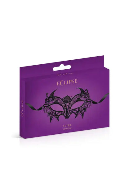 Masque sexy Loup noir Astre en emballage violet élégant pour soirées spéciales et déguisements sexy.