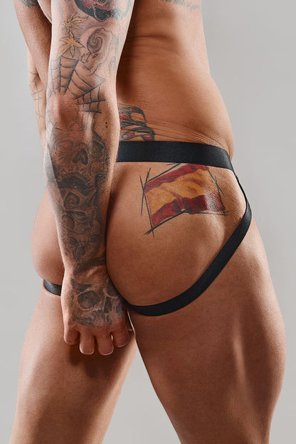 Jockstrap homme tulle zébré et vinyle rouge et noir Regnes