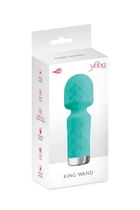 Baguette massante sarcelle dans son emballage. Mini vibromasseur wand vert