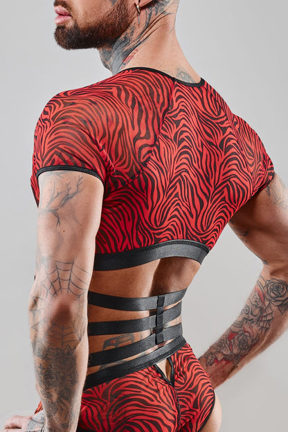 Top homme harnais tulle zébré rouge et noir Regnes