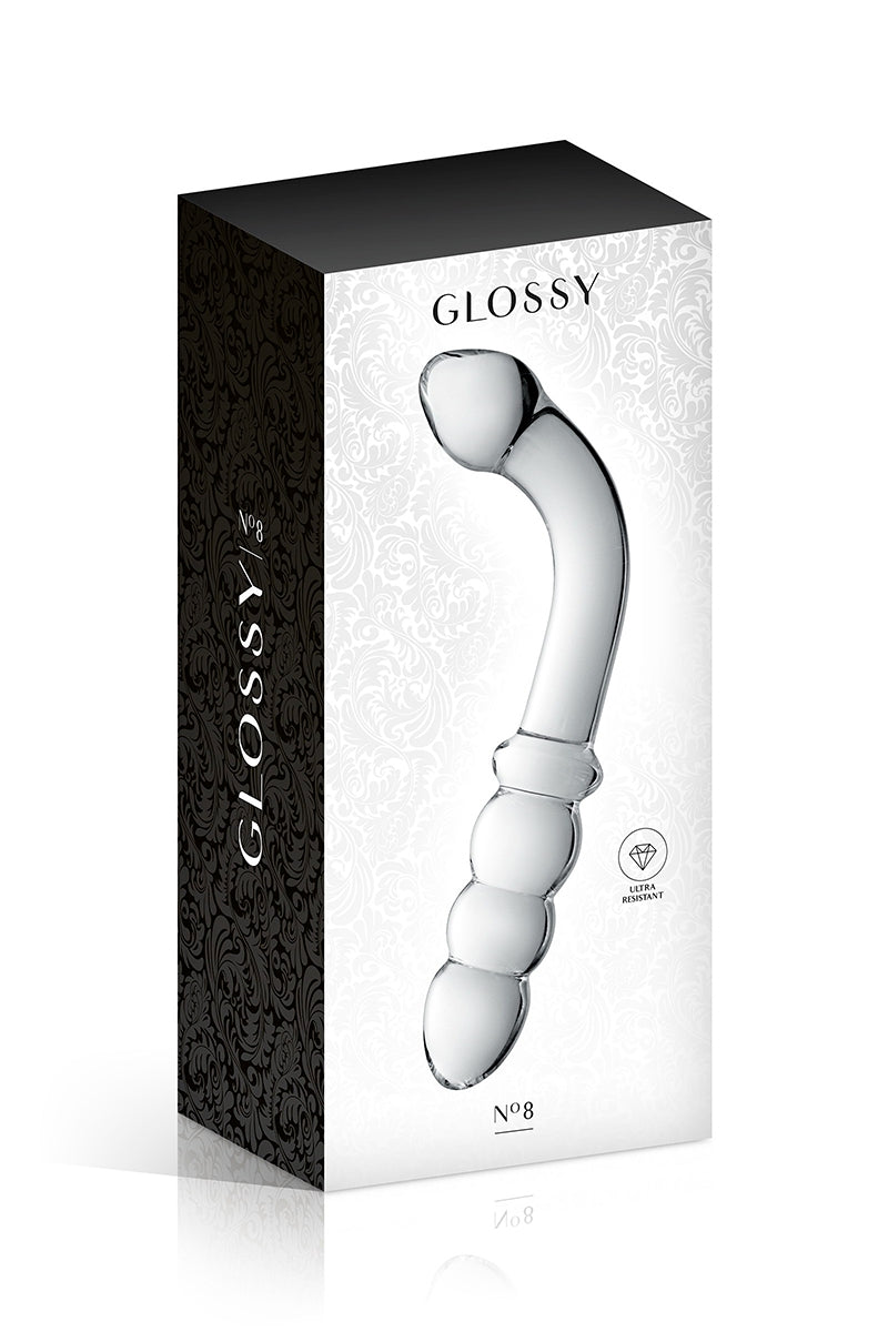 Gode en verre coudé double extrémité n°8 translucide Glossy Toys