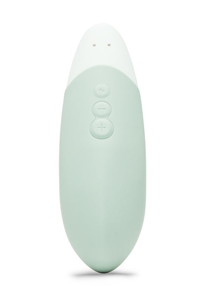 Vue détaillée du Womanizer Vibe sauge – surface silicone hypoallergénique et design ergonomique lay on