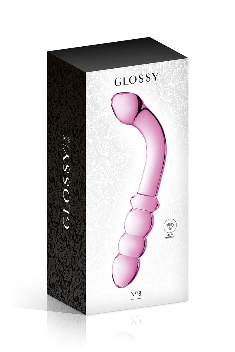 Gode en verre coudé double extrémité n°8 rose Glossy Toys