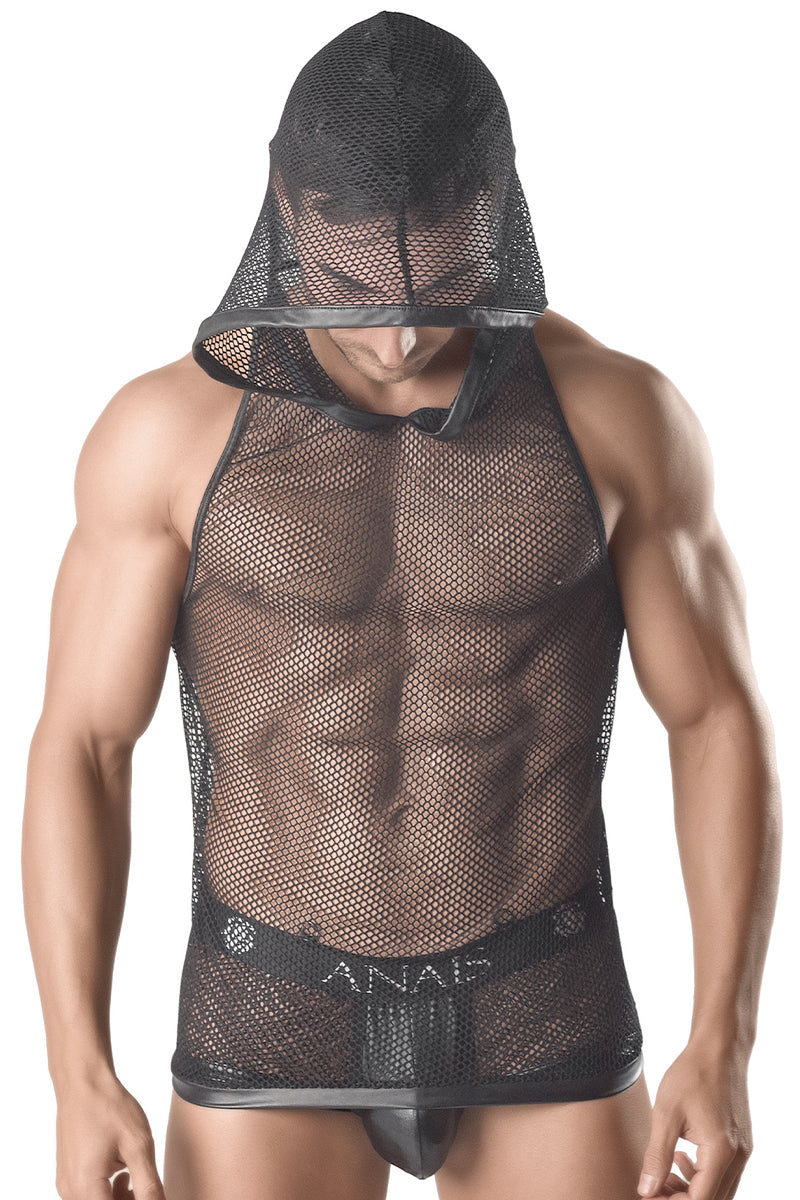 Débardeur à capuche mesh et galons wetlook Ares noir Anaïs for Men