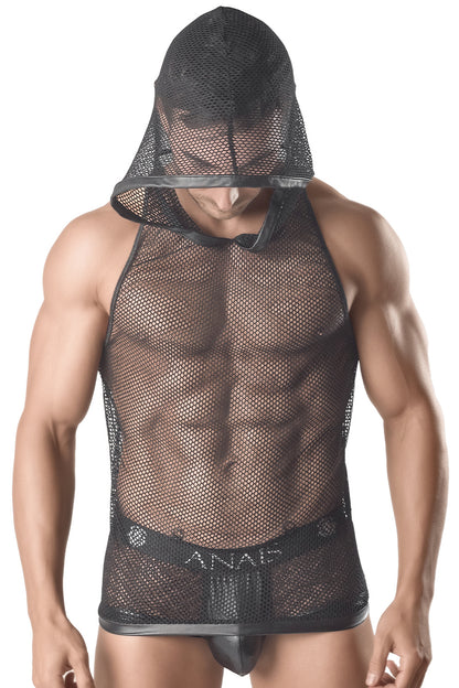 Débardeur à capuche mesh et galons wetlook Ares noir Anaïs for Men