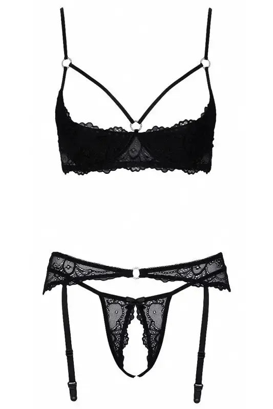 Ensemble lingerie ouverte noir - Cotelli Lingerie string ouvert seins nues LollyDoll