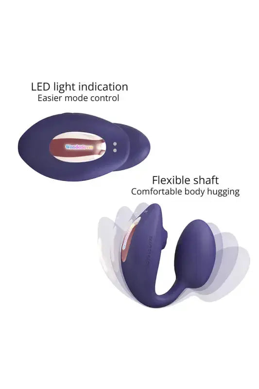Double stimulateur féminin Wonderlover violet avec affichage LED et tige flexible pour un confort optimal.
