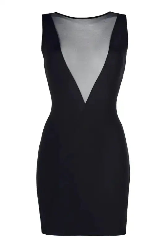 Mini robe noire sans manches avec encolure en V en voile transparent.