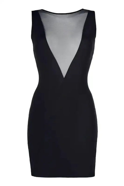 Mini robe noire sans manches avec encolure en V en voile transparent.