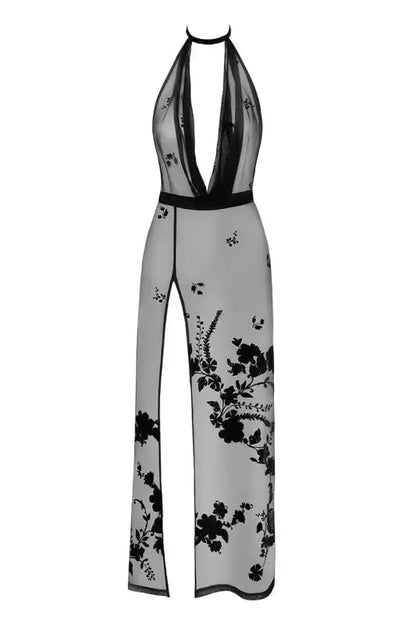 Robe sexy dos nu à fleurs noires transparentes.