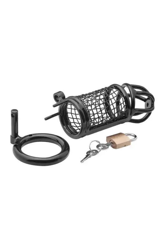 Cage à pénis Matrix Black de XXX Dreamtoys, accessoire BDSM en acier inoxydable noir pour jeux coquins.