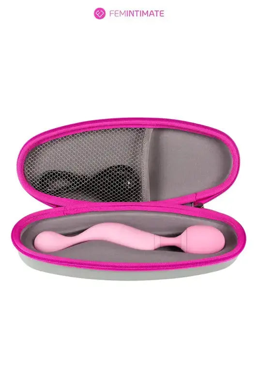 Vibrateur rose Vibromasseur Wand dans un étui rose et gris.