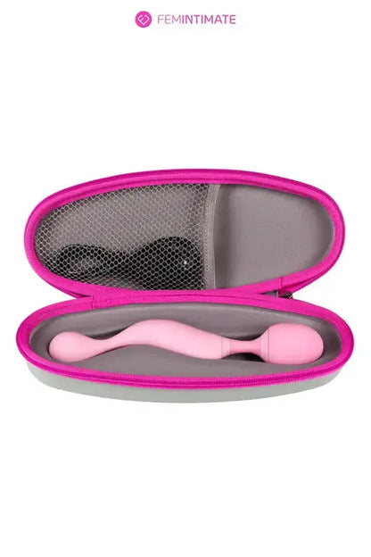 Vibrateur rose Vibromasseur Wand dans un étui rose et gris.