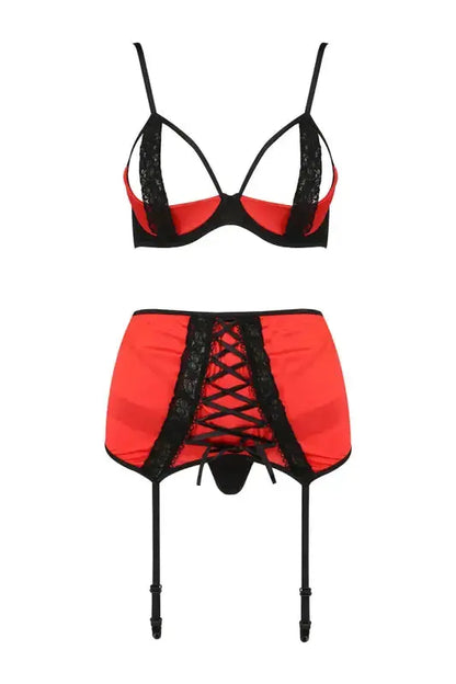 Ensemble lingerie rouge et noir porte jarretelle et soutien-gorge , tétons cachés par un magnifique ruban en dentelle dispo chez LollyDoll