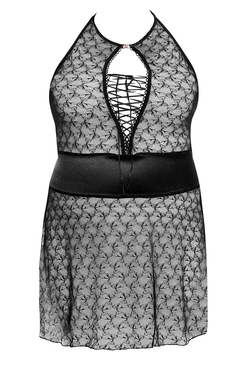 Nuisette grande taille avec lacés au niveau de la poitrine bandeau noir satinée autour de la taille et petits noeuds brodés le tout en noir