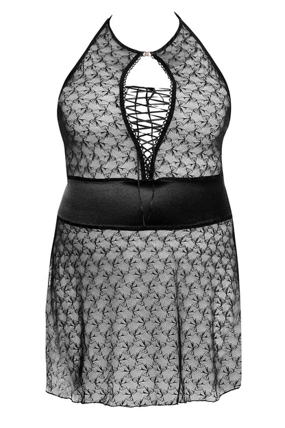 Nuisette grande taille avec lacés au niveau de la poitrine bandeau noir satinée autour de la taille et petits noeuds brodés le tout en noir
