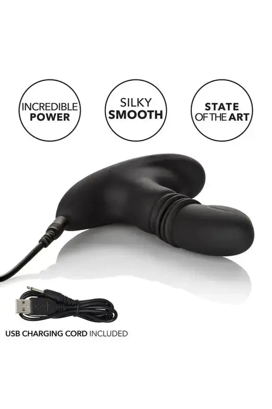 Stimulateur prostate noir à deux têtes avec cordon de recharge.
