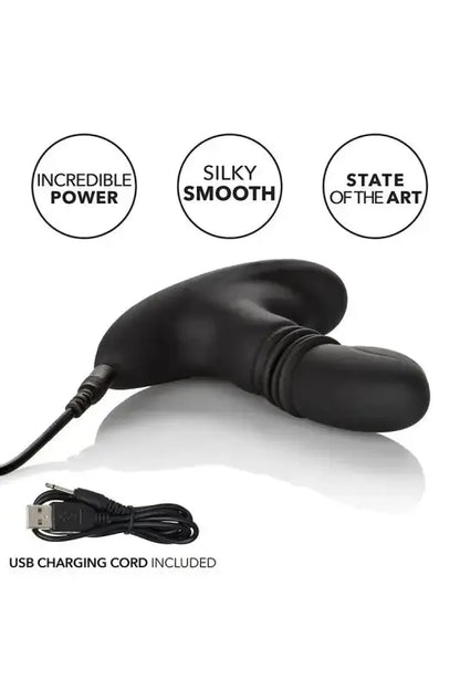 Stimulateur prostate noir à deux têtes avec cordon de recharge.