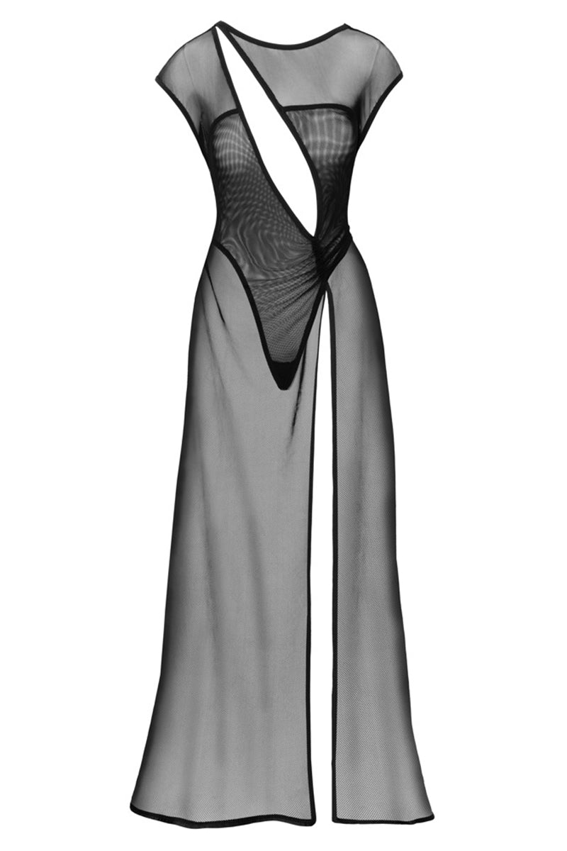 Robe longue fendue en résille moirée Party noire Cottelli