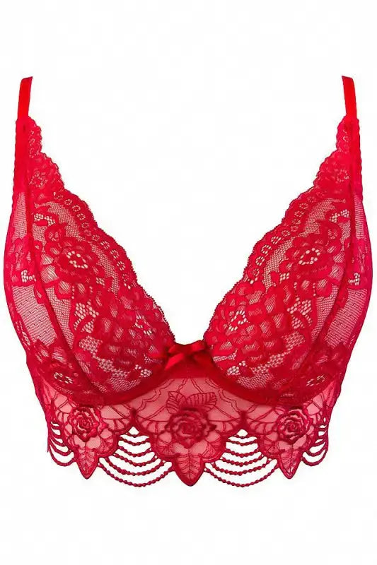 Soutien-gorge bustier en dentelle rouge avec détails floraux croisé dans le dos