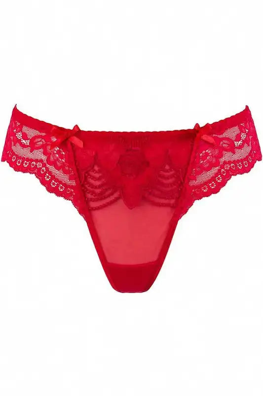 String brésilien V-9698 en dentelle et tulle rouge de la marque Axami, avec nœuds décoratifs.