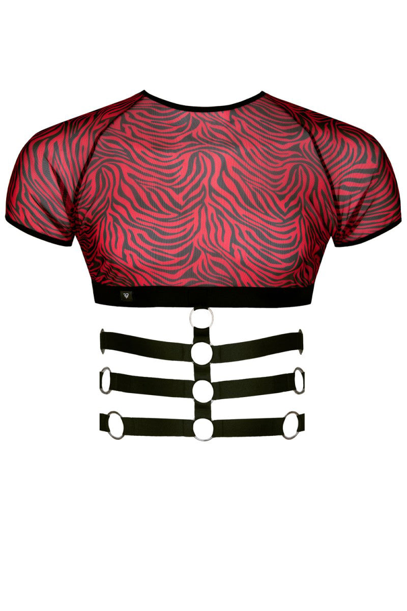 Top homme harnais tulle zébré rouge et noir Regnes