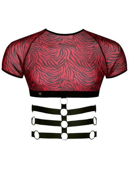 Top homme harnais tulle zébré rouge et noir Regnes