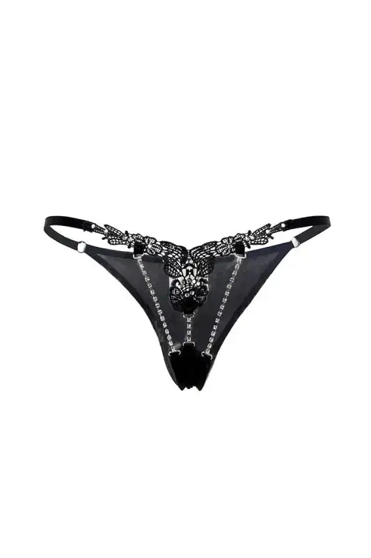 String ouvert en dentelle noire et strass.