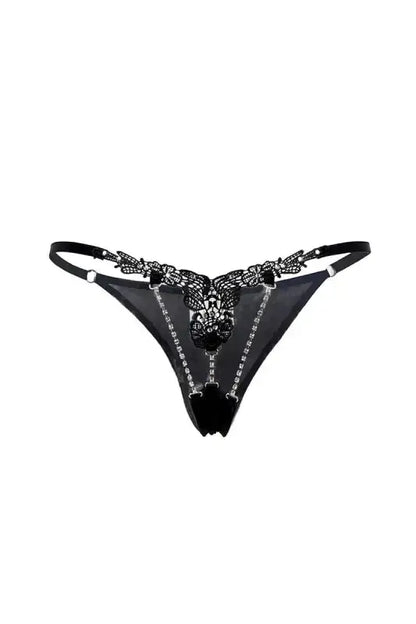 String ouvert en dentelle noire et strass.