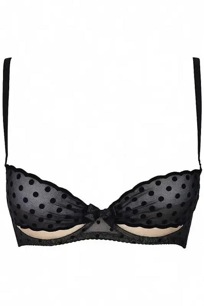 Soutien-gorge noir à pois noirs, couleur chair sous les seins