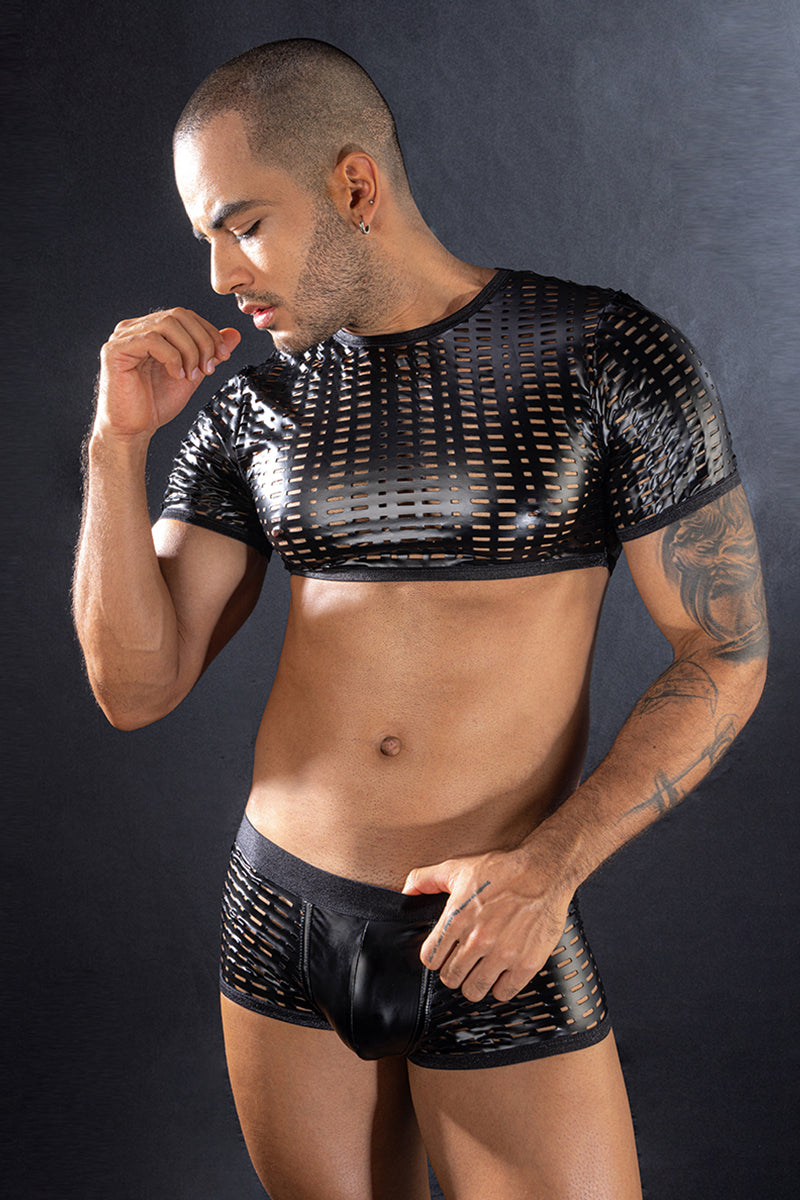 Ensemble homme top court et boxer ajouré noir J Lingerie