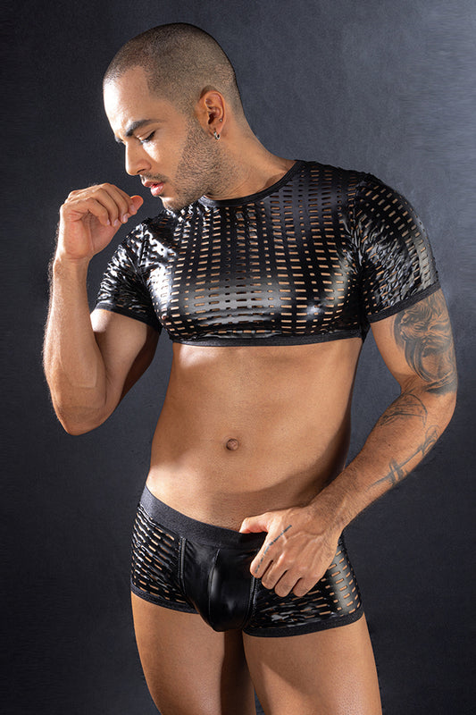 Ensemble homme top court et boxer ajouré noir J Lingerie