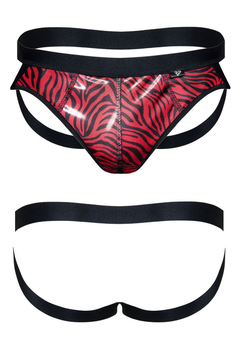 Jockstrap homme tulle zébré et vinyle rouge et noir Regnes