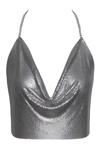 Crop top en plaques de métal argenté irisé Cottelli