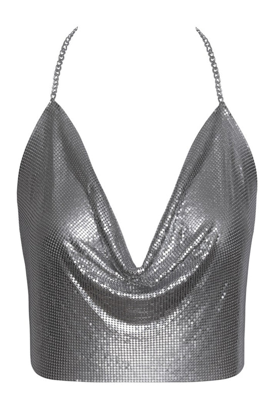 Crop top en plaques de métal argenté irisé Cottelli