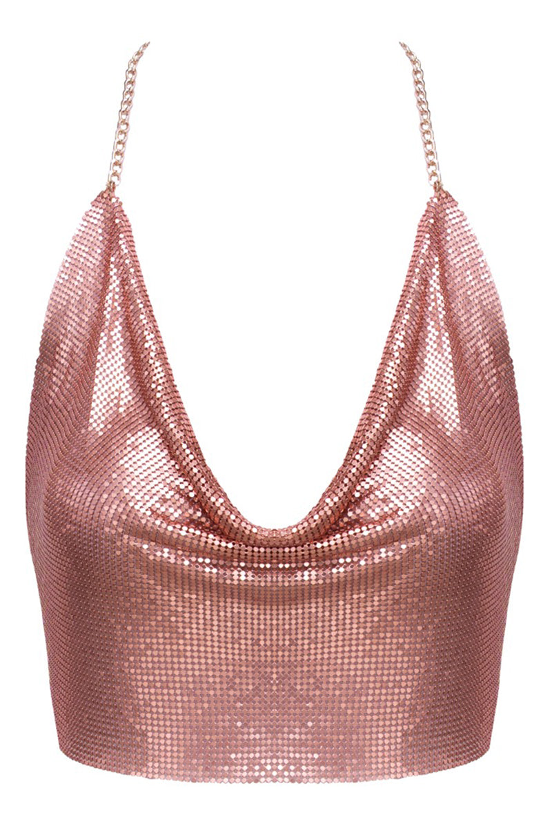 Crop top en plaques de métal doré rose irisé Cottelli