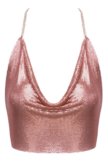 Crop top en plaques de métal doré rose irisé Cottelli