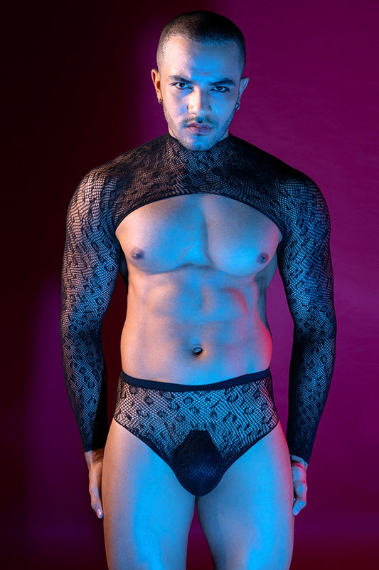 Ensemble homme top et slip en résille noire J Lingerie