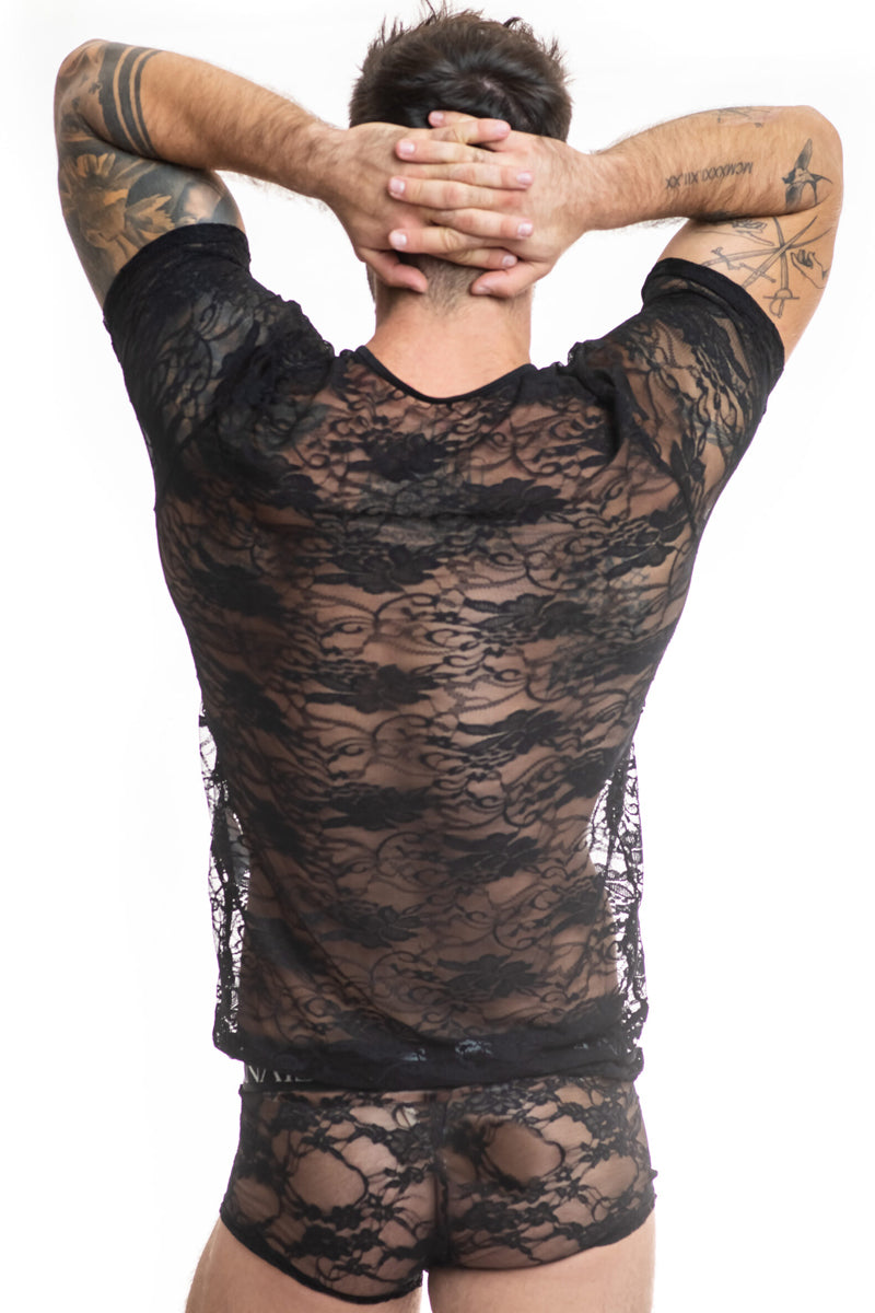 T-shirt homme en dentelle fleurie Romance noir Anaïs for Men