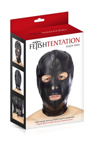 Cagoule BDSM 3 ouvertures en simili cuir · Fetish Tentation · vue 3