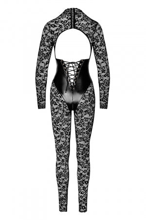 Combinaison corset Enigma dentelle et wetlook · Noir Handmade · vue 3