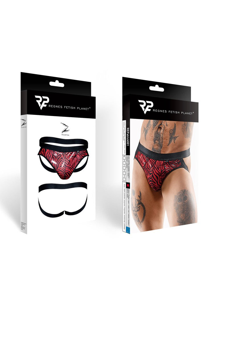 Jockstrap homme tulle zébré et vinyle rouge et noir Regnes